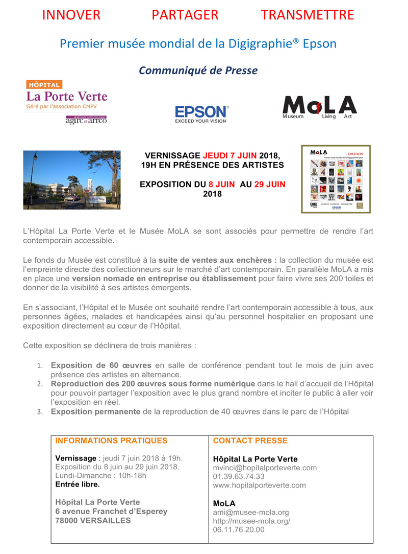 Group exhibition Mola Museum Park and Hospital of the “Porte Verte” FRANCE from 8  to 29 june 2018